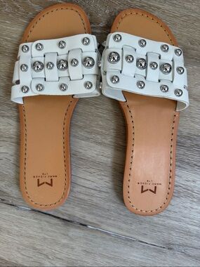 Marc Fisher White Leather Studded Slide Sandals with Tan Footbed